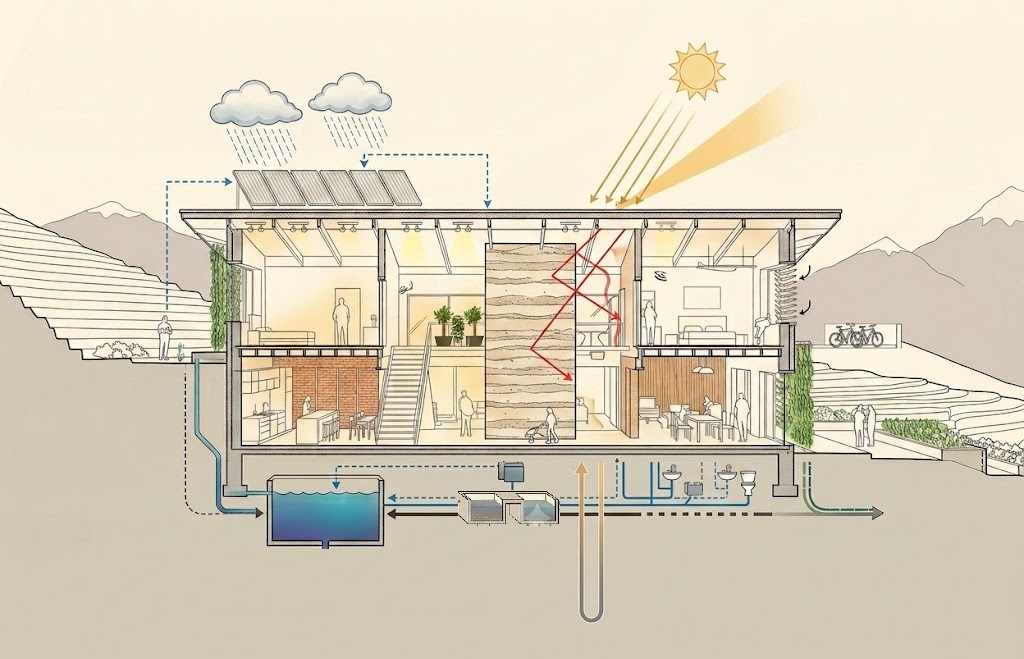Climate-responsive building systems diagram